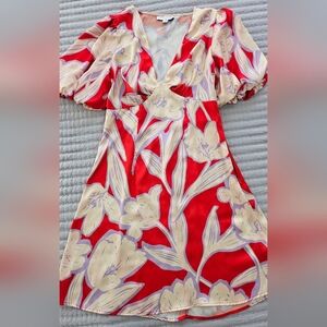 Topshop Red Floral V-Neck Mini Dress with Cream & Lavender Print